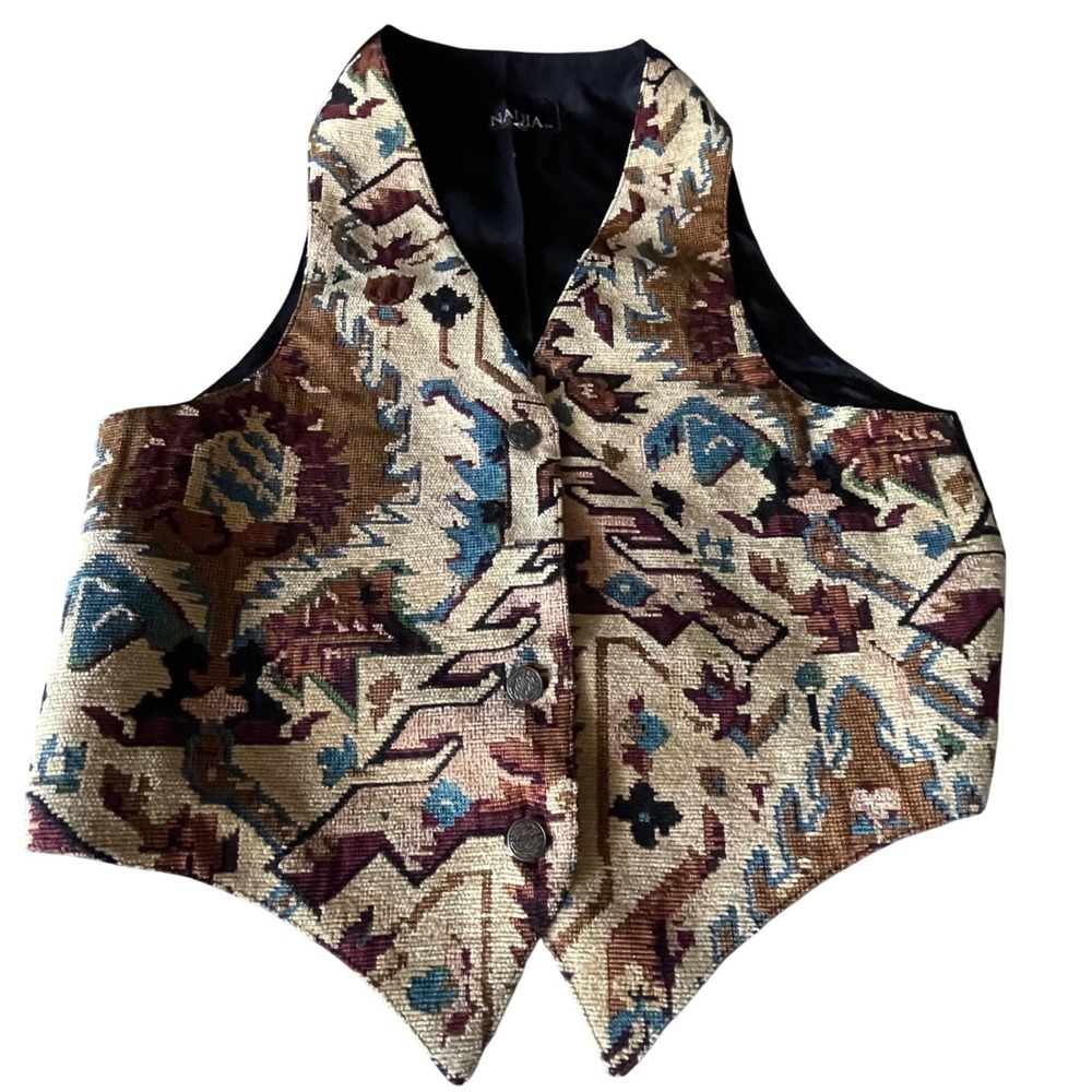 VTG Nadia made USA Italian Fabric Tapestry Vest M Western Aztec Boho Cowboycore - Picture 5 of 8